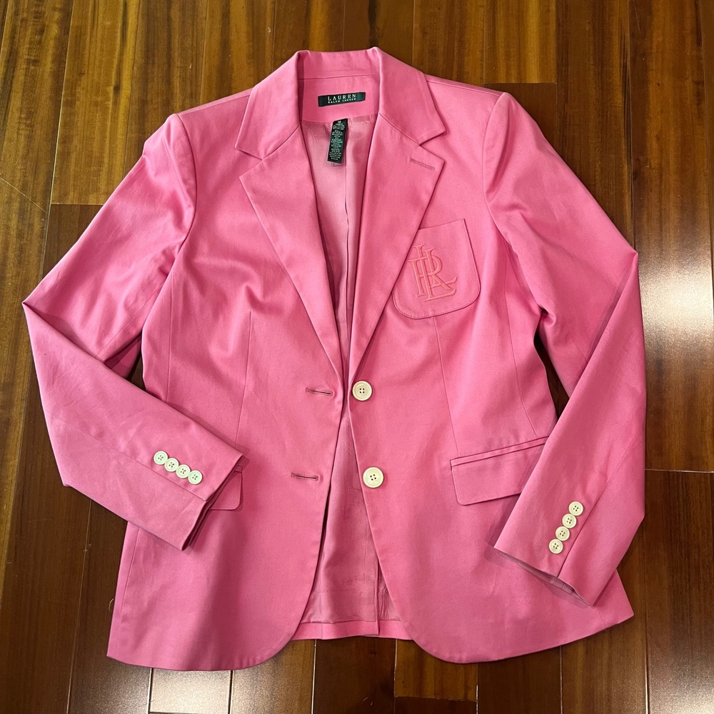Ralph Lauren Pink Blazer Crest Jacket Solid Long Sleeve Formal Office Barbie 10